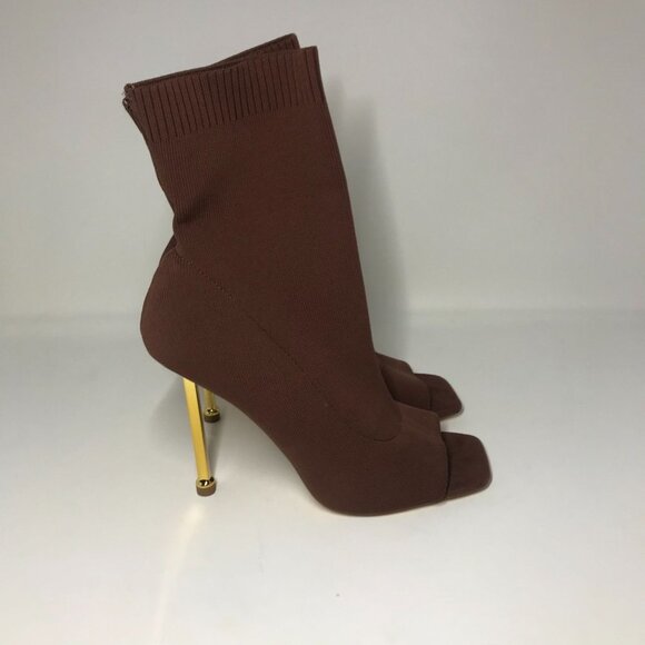 Liliana Brown Fabric Knit Sock High Heel Peep Toe Stiletto Booties Size 10 - Picture 3 of 8